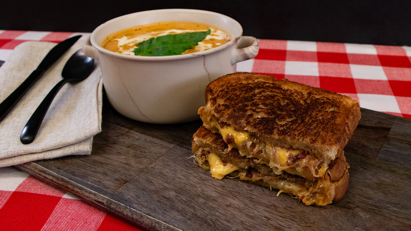 Halal Beef Bacon Jam Grilled Cheese and Tomato Basil Soup &ndash; Midamar Halal