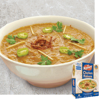 A white bowl filled with chicken Haleem with cilantro, sliced jalapeños, and fried onion on top. A package of Kaiser Chicken Haleem is overlaid in the bottom right corner.