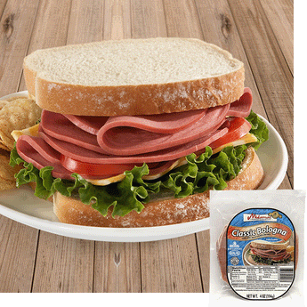 A halal bologna sandwich on white bread with tomato, cheese, and lettuce. Chips are visible behind the sandwich to the left. A pack of Midamar Halal Classic Bologna is overlayed in the bottom right corner.