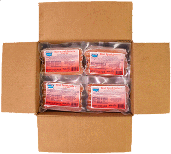 an open cardboard case of midamar beef franks