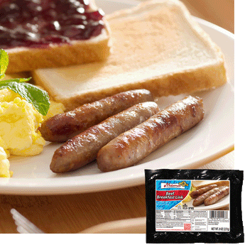 3 Midamar beef brakfast links on a white plate. A pile of scrambled eggs with a piece of basil on top of it are to the left and a piece of white toast with grape jelly on it and a plain piece of toast are behind them. A package of Midamar Breakfas links is overlayed on top of the package.