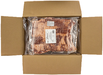 an open cardboard case of Midamar sliced breakfast beef. There are three vacuum sealed packages, each package contains 5 pounds of product