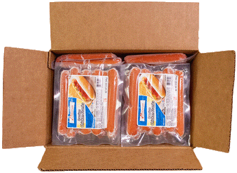 an open cardboard case of Midamars chicken franks