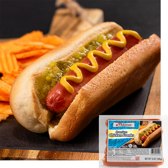 Hot dog with mustard and relish on a bun with potato chips with a package of Midamar Chicken franks