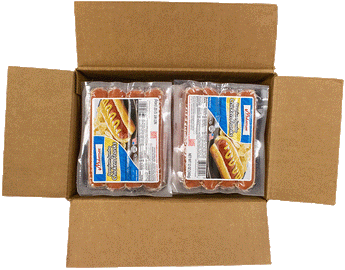 an open case of midamar jumbo chicken franks
