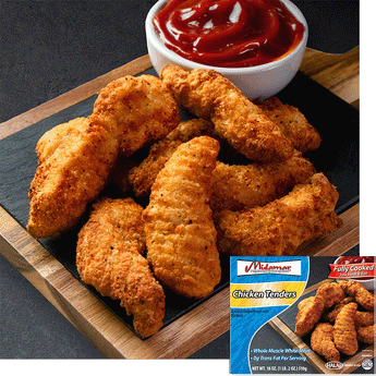 A pile of Halal Chicken tenders on a wooden cutting board a bowl of ketchup is above them. A package of Midamar Chicken Tenders is overlaid in the bottom right.
