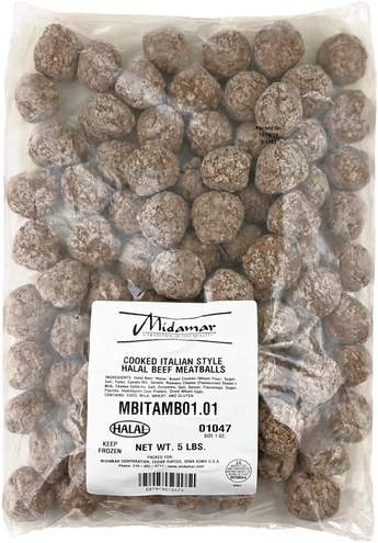 a clear plastic package of Midamar halal cully coked italian style meatballs