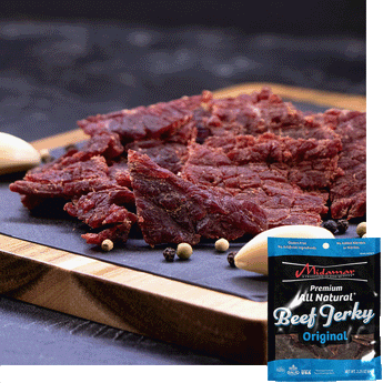 Midamar Halal Beef Jerky Original pieces are laid out on a cutting board and in front of them are whole peppercorns and a clove of garlic. Overlaid is a picture of the Beef jerky bag
