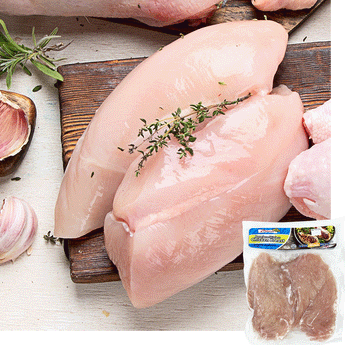 Two halal chicken breast lay on a wood board with a sprig of thyme on top, a couple of cloves of garlic are to the left with a bit of a herb. A package of Midamar Chicken Breast is overlaid in the bottom right corner.