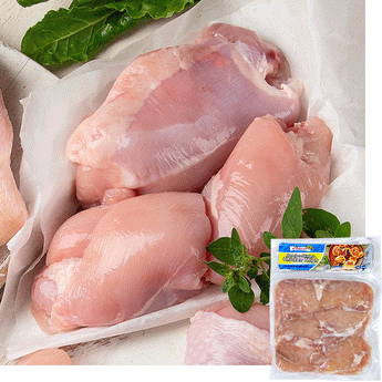 Raw chicken thighs resting on parchment paper, beside them rest a garnish of herbs. A package of Midamar Halal Chicken Thighs is overlaid in the bottom right corner.