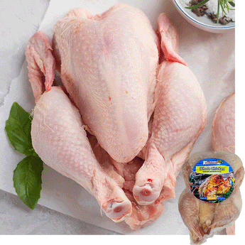 A raw Halal whole chicken on a piece of butcher paper a couple basil leaves are on the left side under the leg. A package of Midamar Halal Whole Chicken is overlaid in the bottom right side.