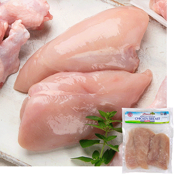 Raw chicken breasts resting on a dark wooden board, the chicken breast is garnished with a sprig of an herb. A package of Midamar Zabiha Halal is overlaid in the bottom right corner.