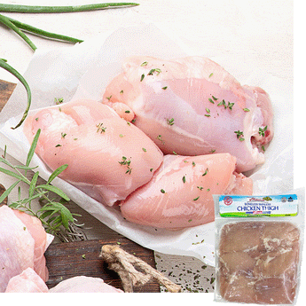 Raw chicken thighs sitting on parchment paper. The chicken is garnished with herbs. A Package of Midamar Halal Chicken Thigh is overlaid in the bottom right corner
