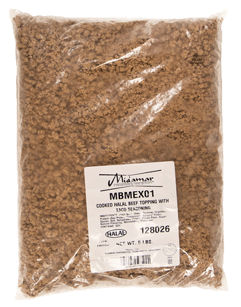 a transluscent plastic bag filled with cooked halal beef topping with taco seasoning. There is a label on the bag indicating which product it is.