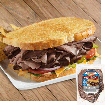 a roast beef sandwich on white bread, the roast beef is piled high and resting on a bed of red onions, tomatoes, colby jack cheese, peppers, and a white condiment. In the bottom right corner is an image of the product package