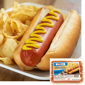 Midamar's jumbo chicken frank sits in a bun, the chicken frank has mustard on the top. Beside it, there's a pile chips. in the bottom right corner is an image of the product package