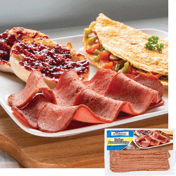 Halal Turkey Bacon strips on a plate with a jelly covered english muffin and an omelet, in the bottom corner is an image of the product page