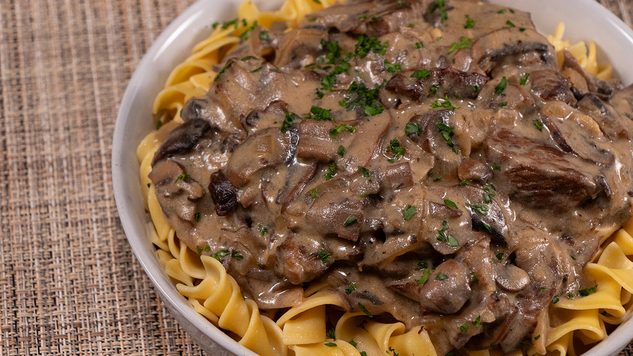 Halal ground beef stroganoff with mushrooms sour cream for comfort stovetop no-oven dinner