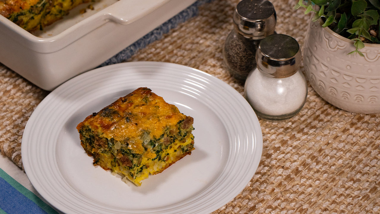 Halal ground beef egg breakfast casserole with potatoes for hearty make-ahead morning