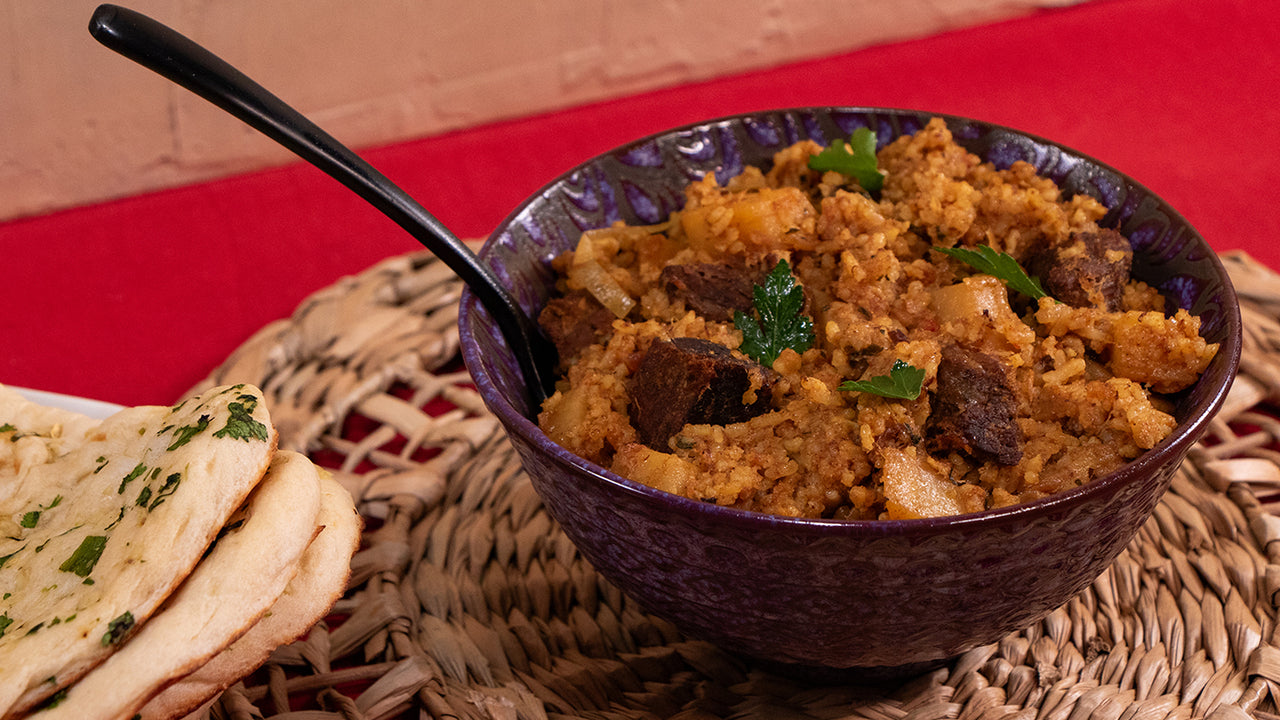One-pot halal ground beef biriyani-style rice with whole spices for aromatic complete dinner