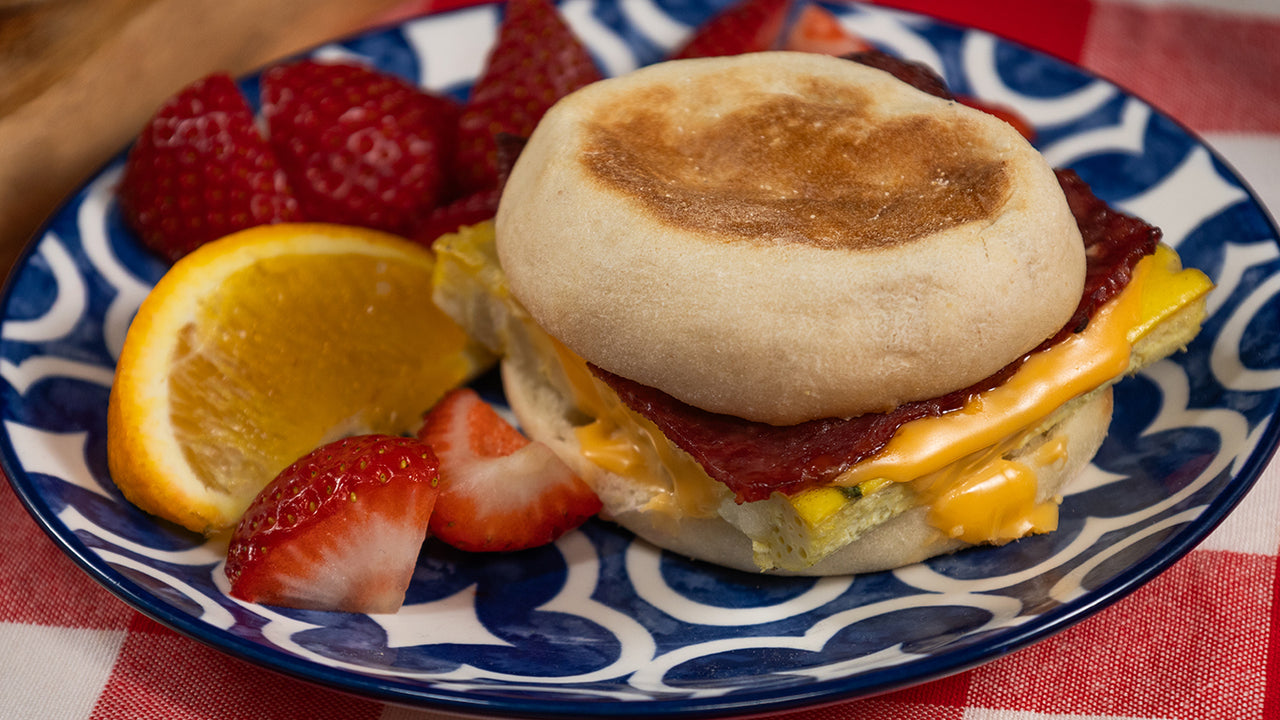 Halal chicken sausage egg English muffin cheese sandwich for filling 8 minute breakfast