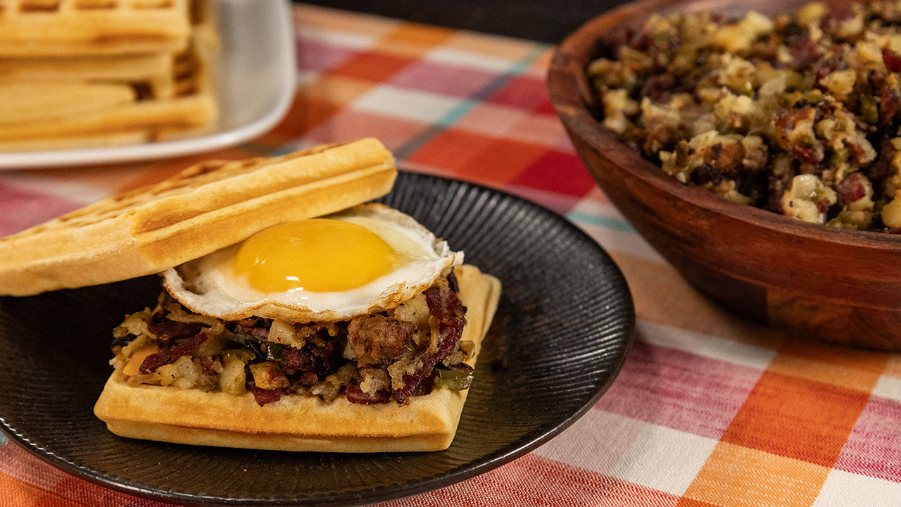 Halal ground beef and potato egg hash skillet for hearty savory one-pan breakfast