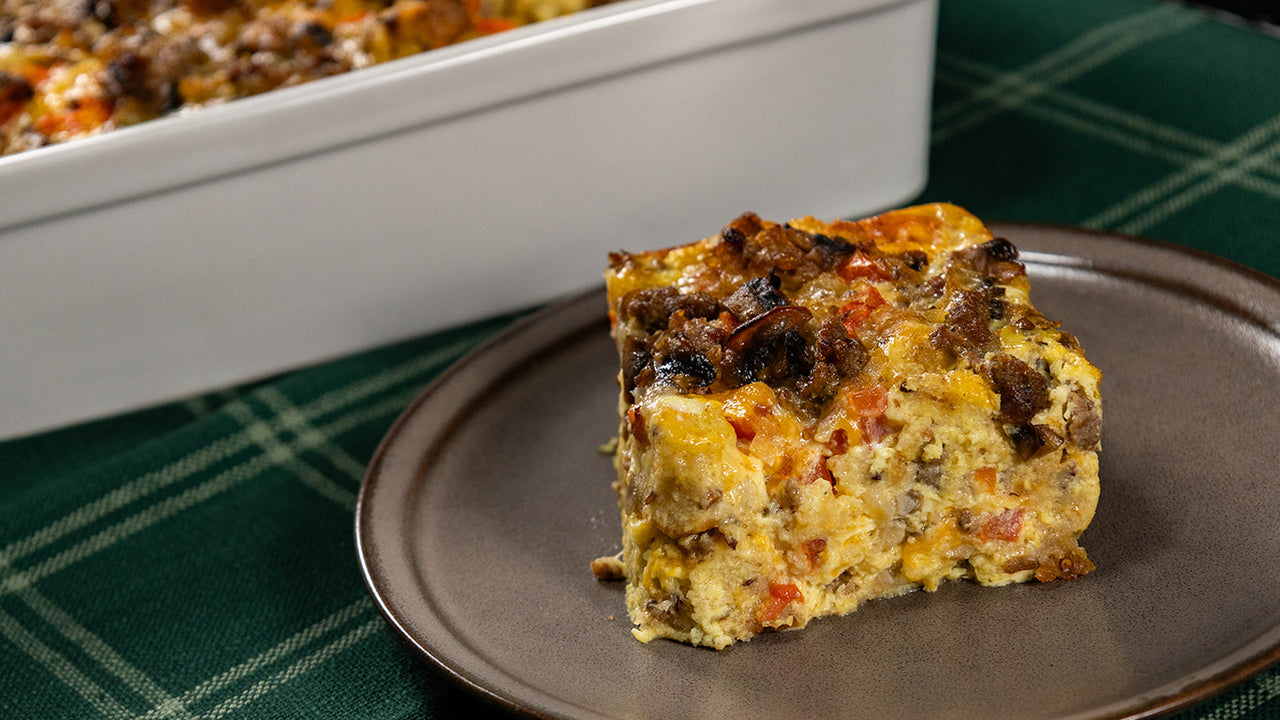 Savory strata with halal turkey mushrooms cheese make-ahead brunch casserole for guests