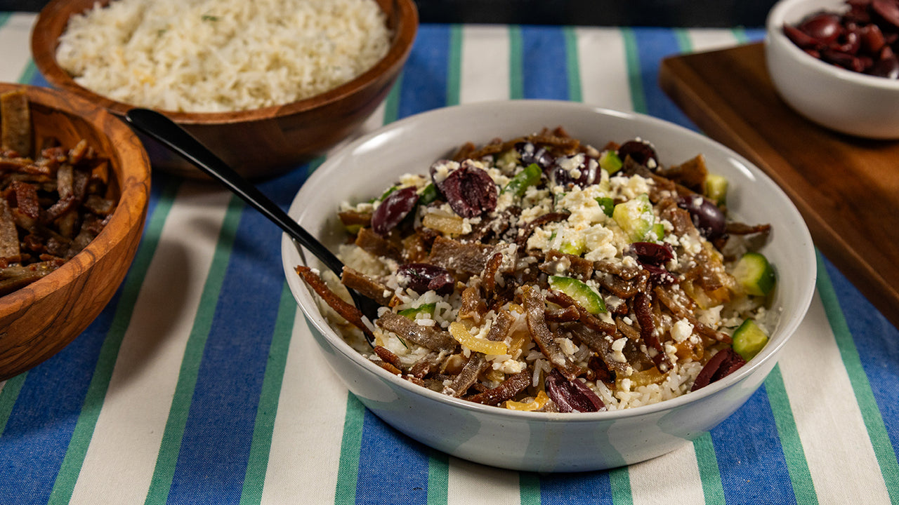 Halal ground beef gyro bowl meal prep with tzatziki rice pita for Mediterranean five-day meal