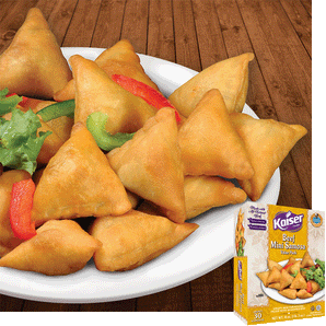 Beef Mini Samosas and Pack, garnished with peppers and lettuce, in the bottom right hand corner an image of the product box is overlaid