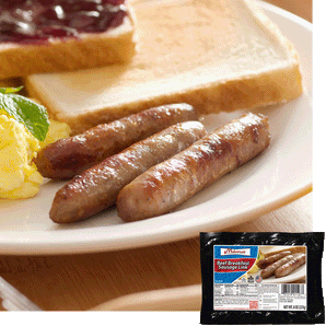3 Midamar beef brakfast links on a white plate. A pile of scrambled eggs with a piece of basil on top of it are to the left and a piece of white toast with grape jelly on it and a plain piece of toast are behind them. A package of Midamar Breakfas links is overlayed on top of the package. 
