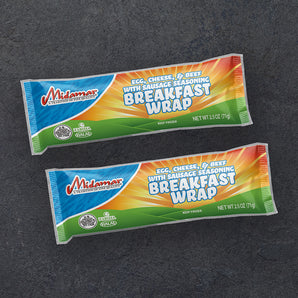 2 packages of Midamar Egg, Cheese, and Beef with sausage seasoning breakfast wrap. 