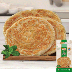 4 paratha are resting in a small wooden tray. There is a garnish of a green leaves in the box, in the bottom right hand corner is an image of the product box