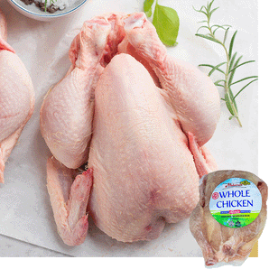 Zabiha halal raw whole chicken on butcher paper, a sprig of thyme to the right a package of midamar whole chicken is overlayed in the bottom right corner
