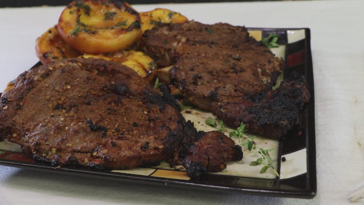 a video showing how to make steak with peaches using Midamar's products
